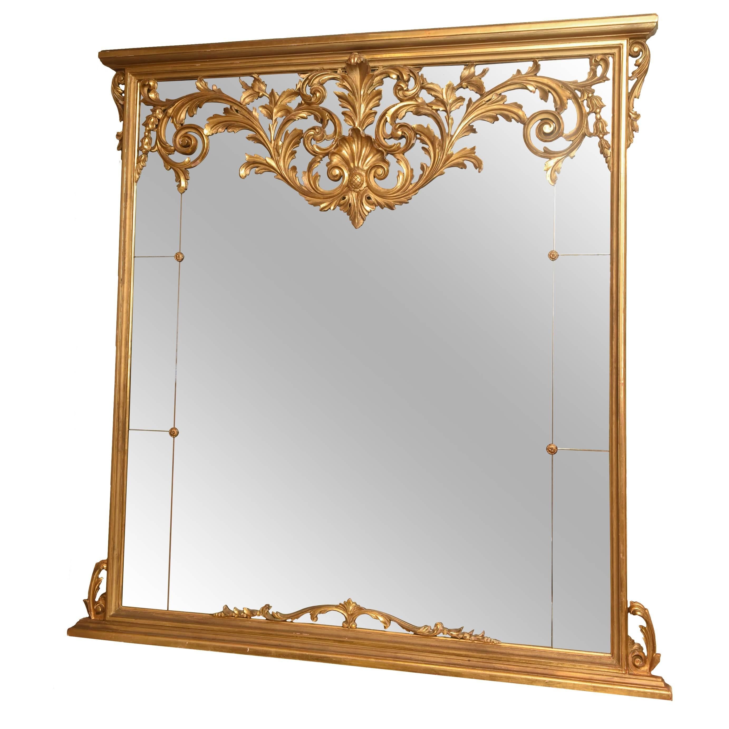 Large Sized, Victorian Giltwood Overmantle Mirror, with Scrolling Pediment