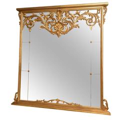 Antique Large Sized, Victorian Giltwood Overmantle Mirror, with Scrolling Pediment