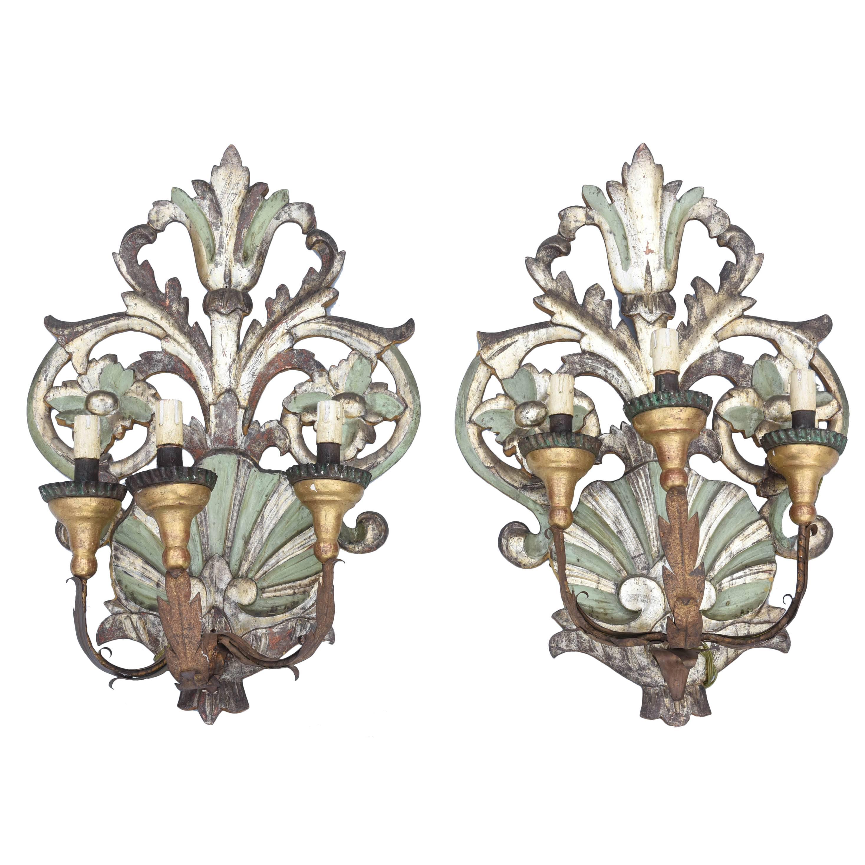 Pair of Silver Gilt and Painted Italian, 19th Century, Three-Arm Sconces