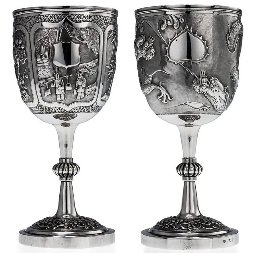 Rare Chinese Export Solid Silver Pair of Goblets, Wang Hing, circa 1880