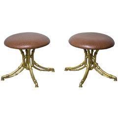 Hollywood Regency Gold Metal Faux Bamboo Stools