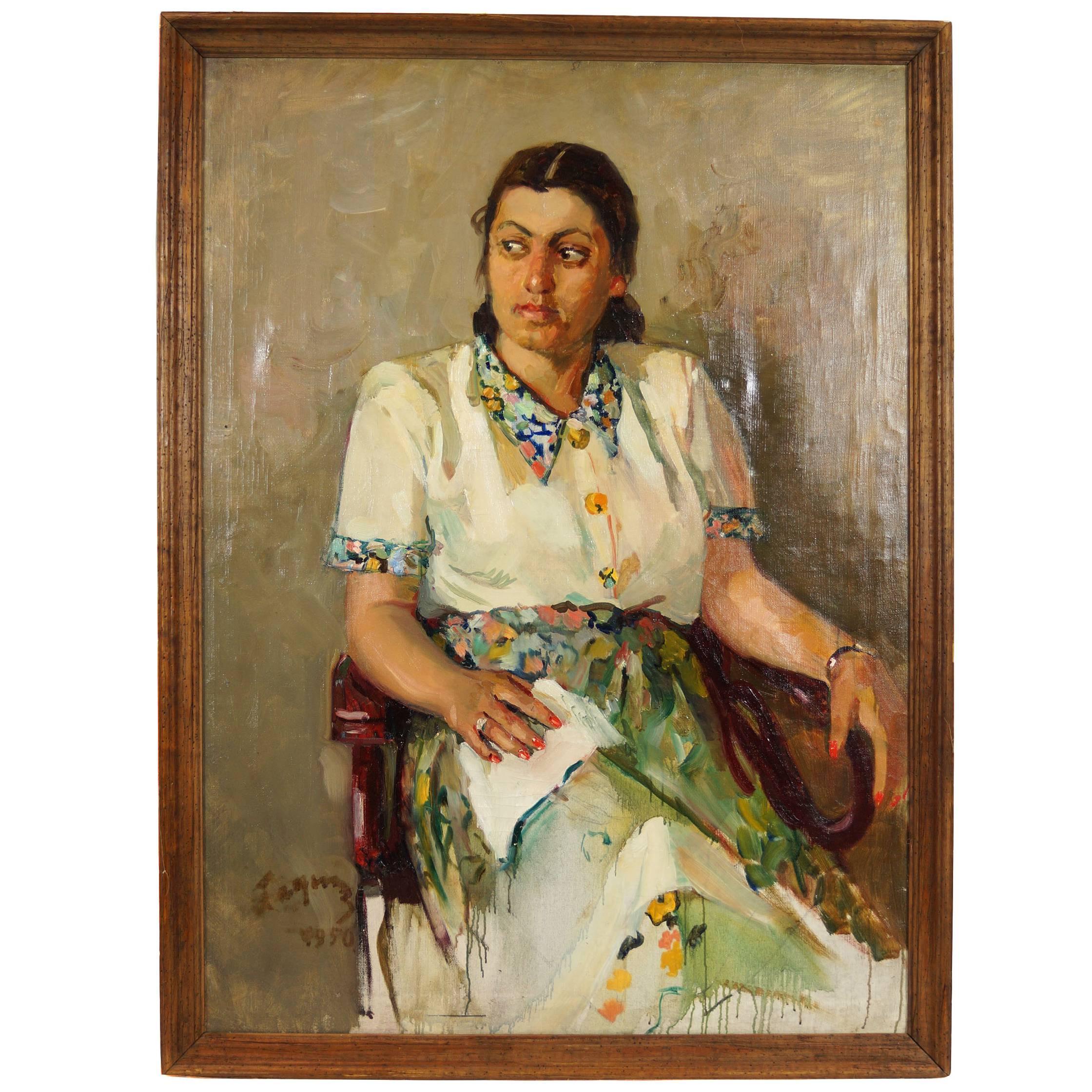Fantastic Oil on Canvas Painting of a Seated Woman with Distinctive Look