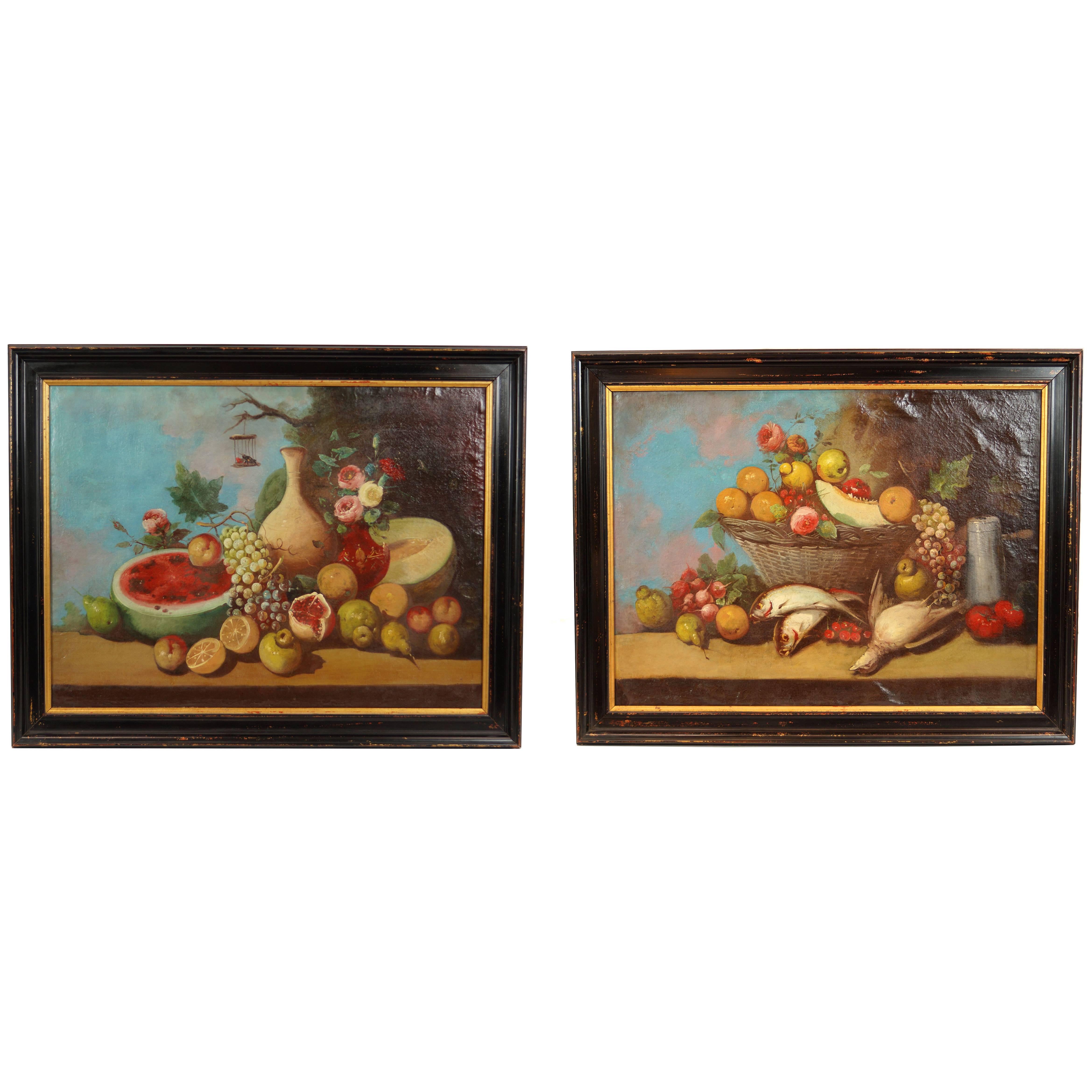 Pair of Still Life Oil on Canvas Paintings of Fruits