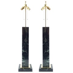 Monumental Pair of Vermont Verde Green Marble and Brass Lamps