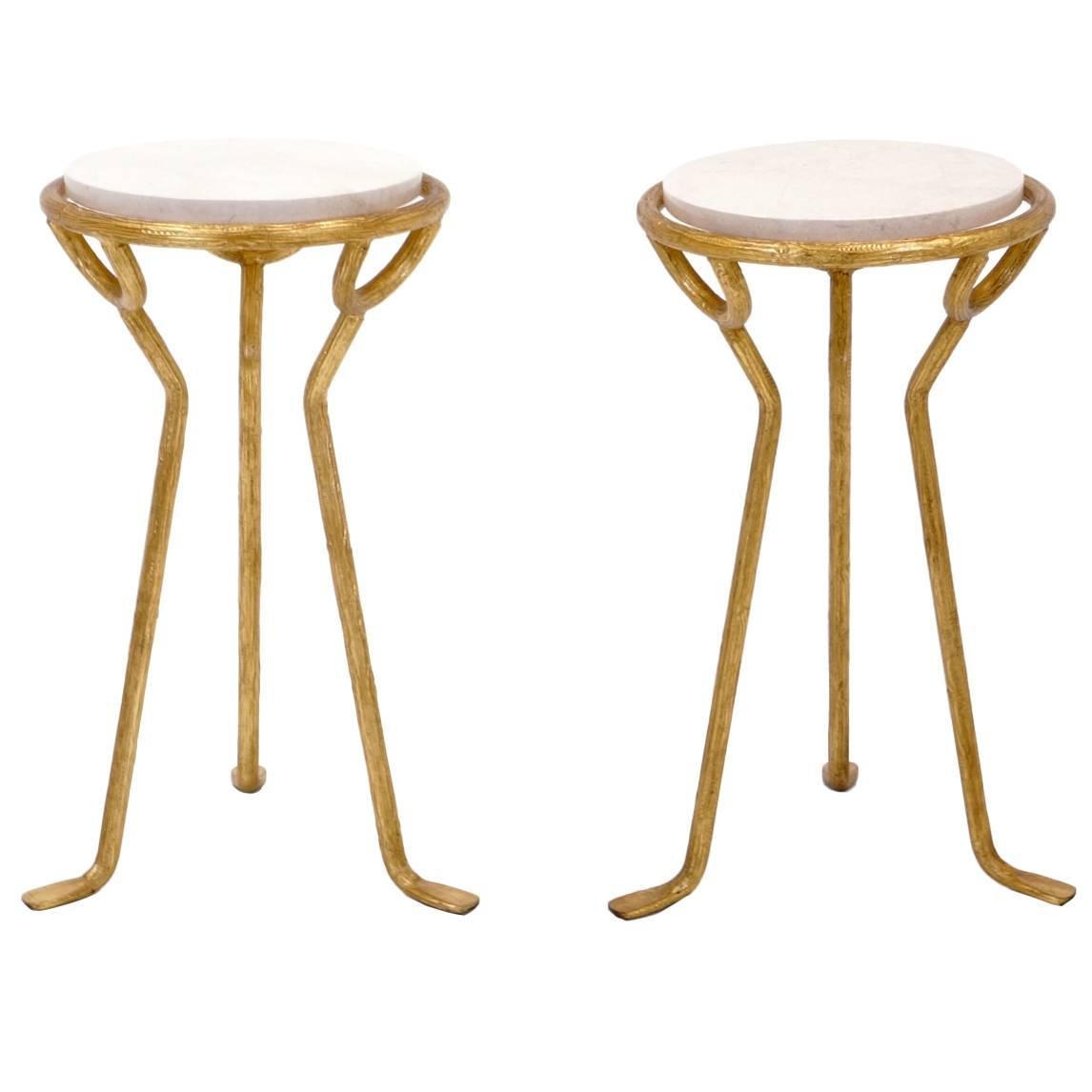 Elegant Italian Gold Gilded Side Tables with Travertine Tops