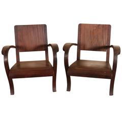 Pair of Industrial Style Mahogany Armchairs