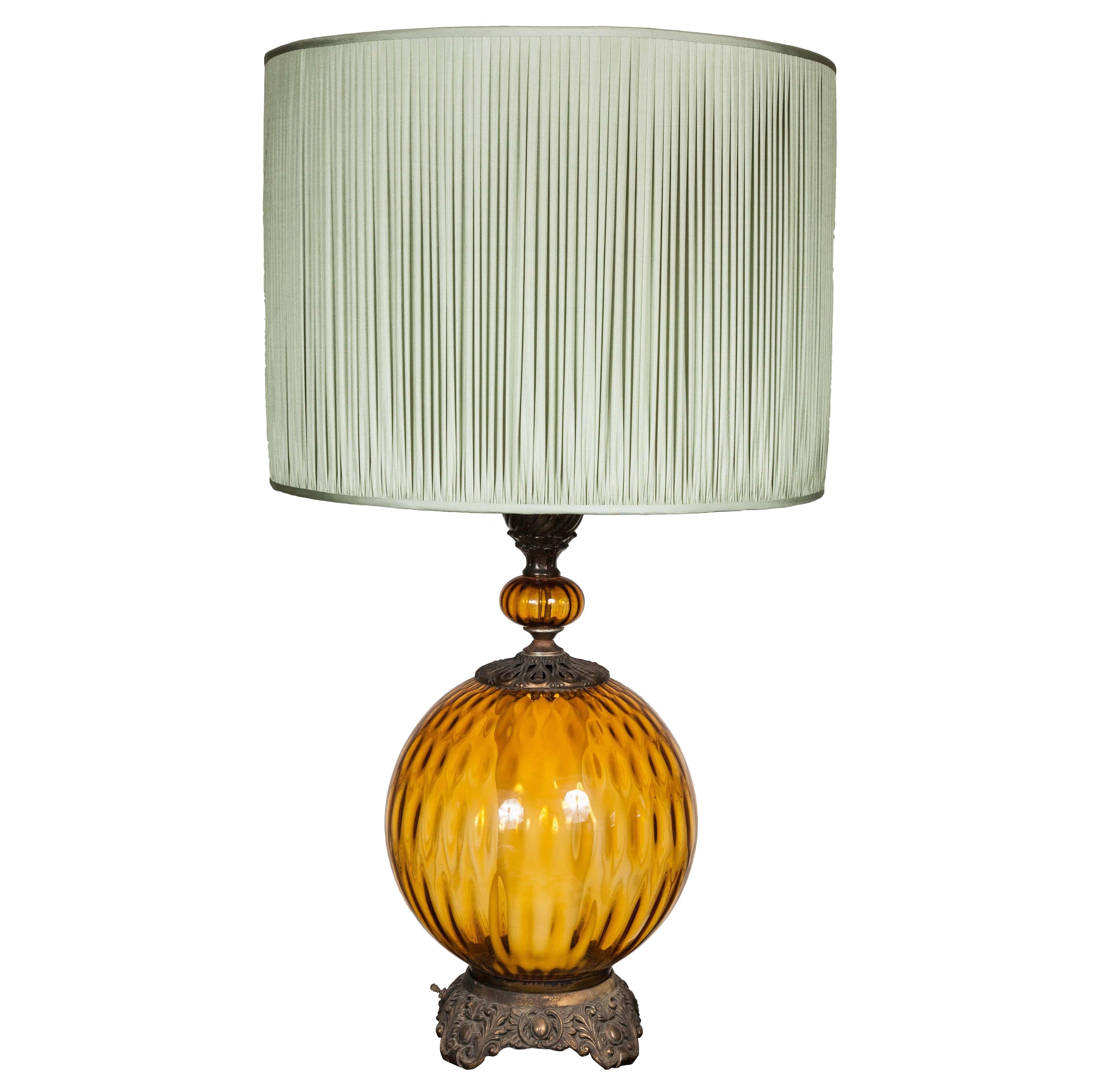 Round Bright Amber Glass Table Lamp with Pale Green Gathered Silk Shade