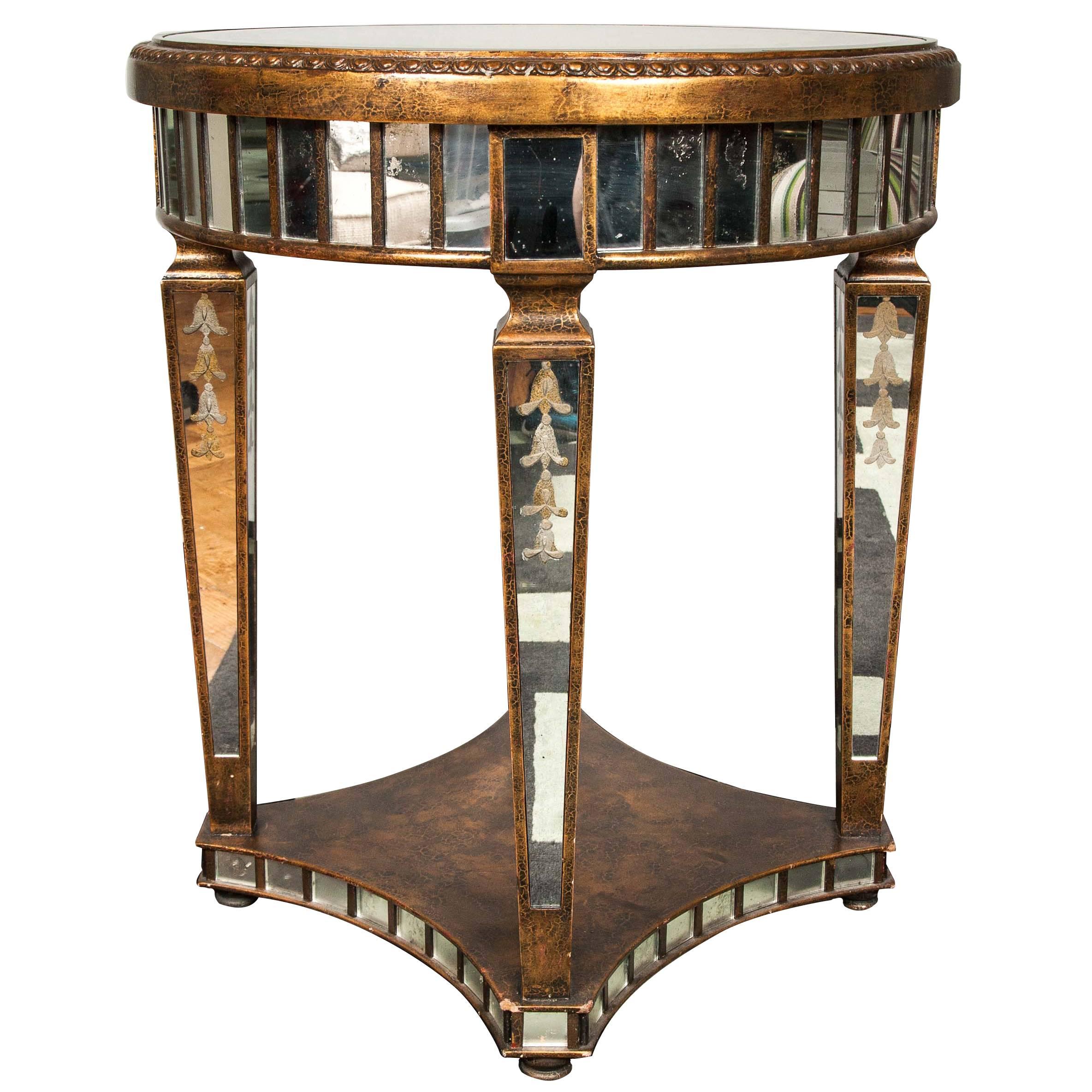 Ornate Etched Round Mirrored Table with Tapered Legs For Sale