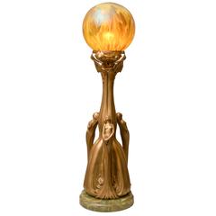 Art Nouveau Gilt Bronze Table Lamp, Three Nudes with Art Glass Shade 8
