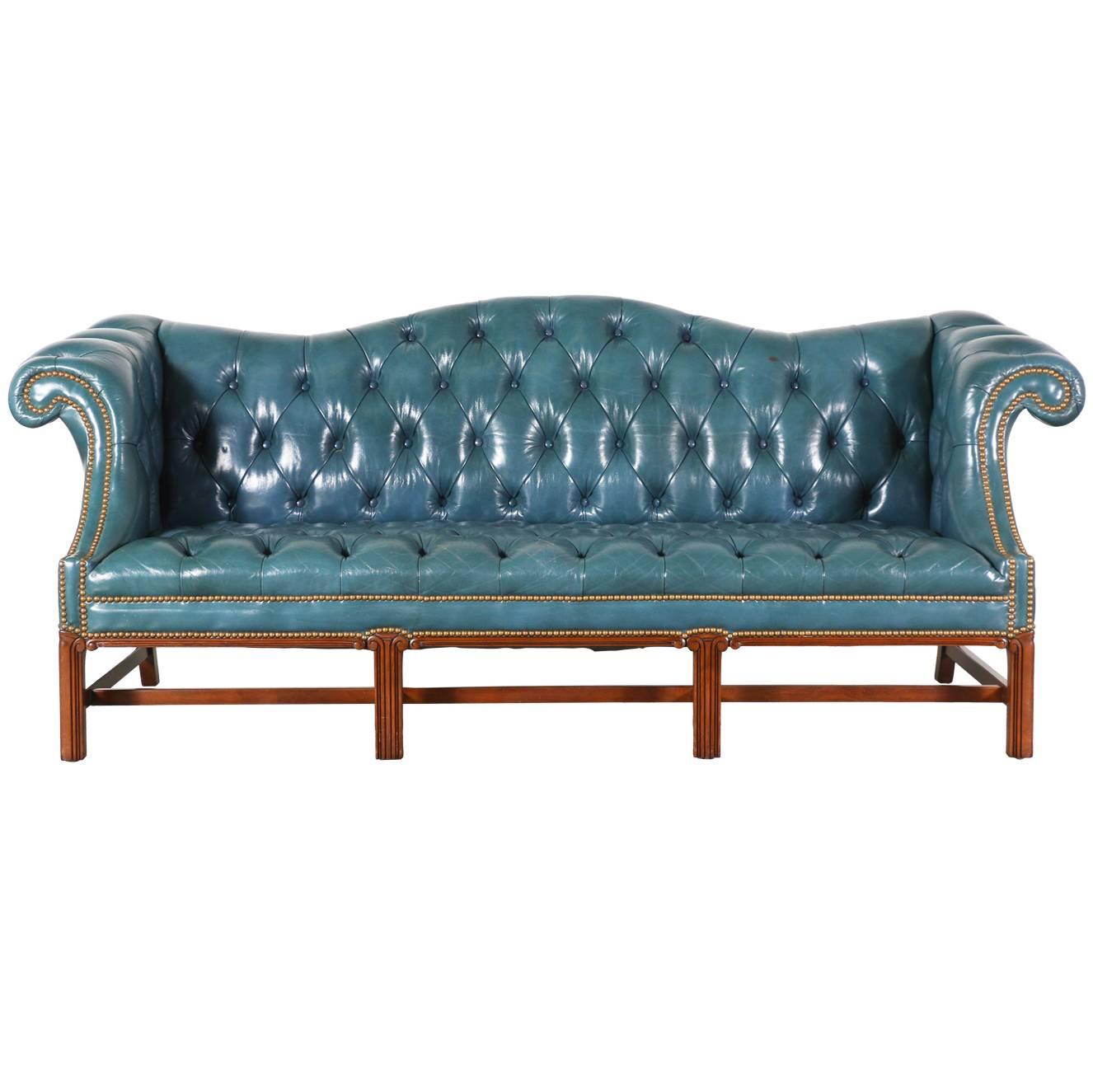 Vintage English Leather Teal Blue Chesterfield Sofa