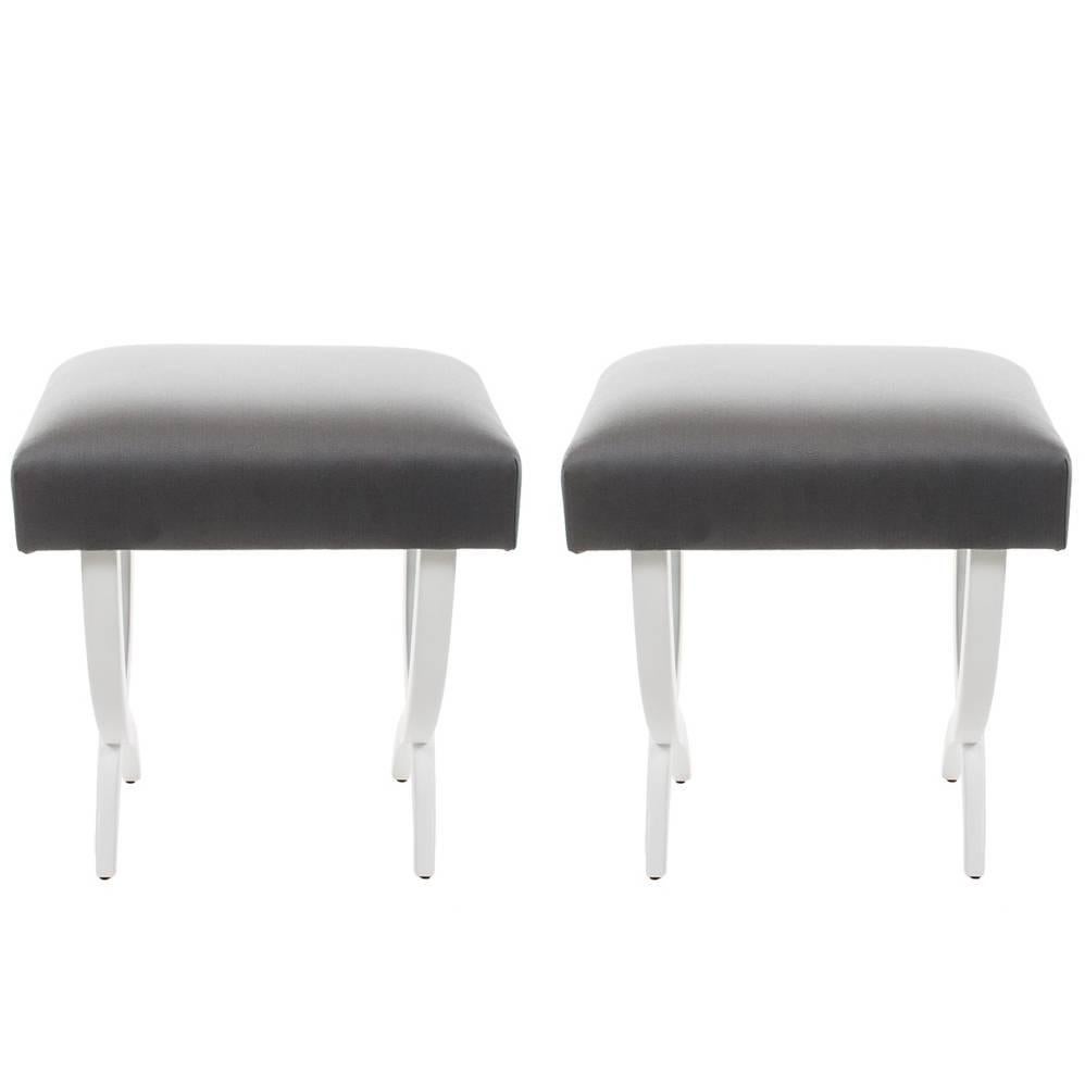 Pair of Stools with Lacquered Wood Frame and Gray Silk Fabric For Sale