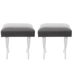 Pair of Stools with Lacquered Wood Frame and Gray Silk Fabric