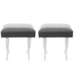 Pair of Stools with Lacquered Wood Frame and Gray Silk Fabric 1