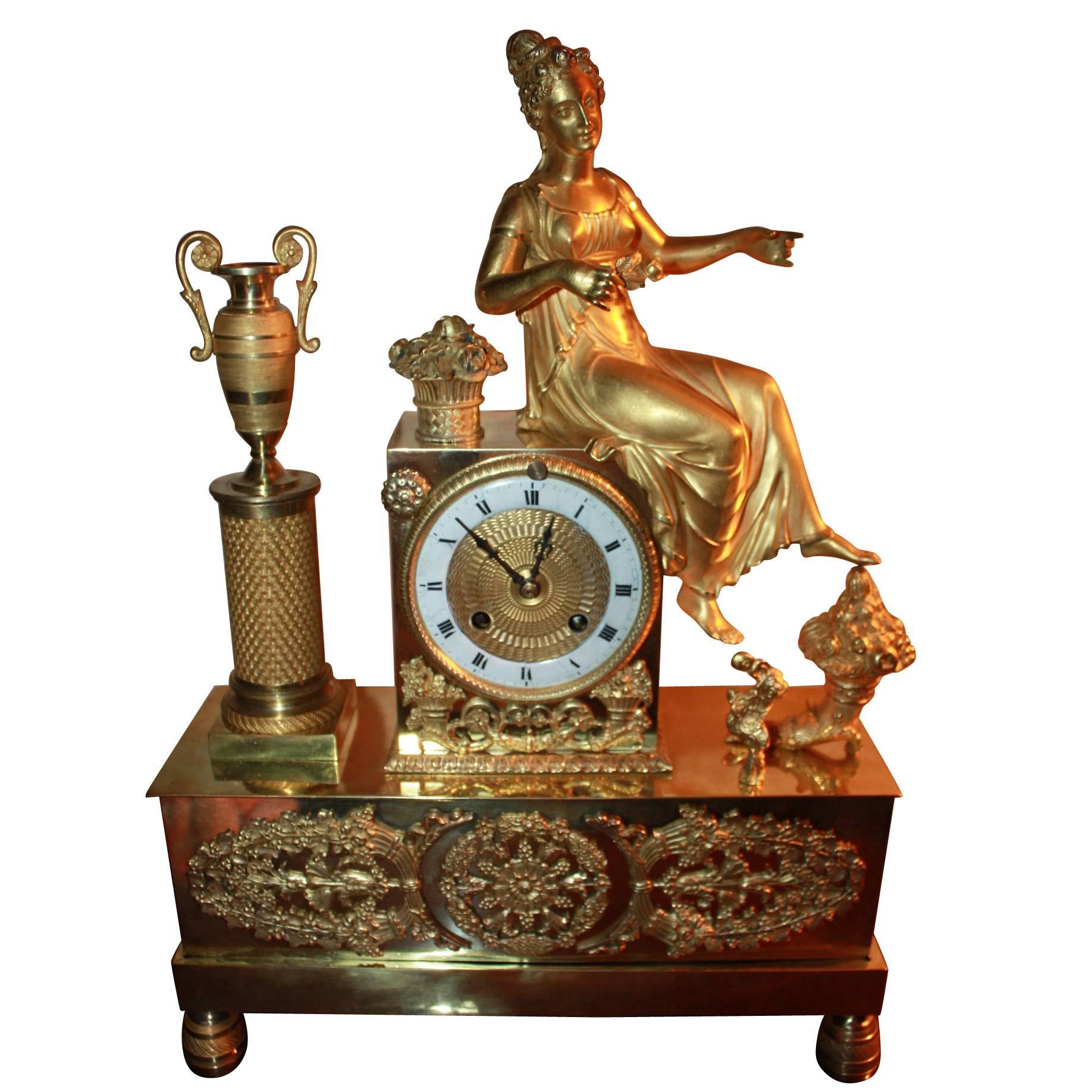 Classical Style Gilt Bronze Figural Mantle Clock, Japy Freres, Hersant For Sale
