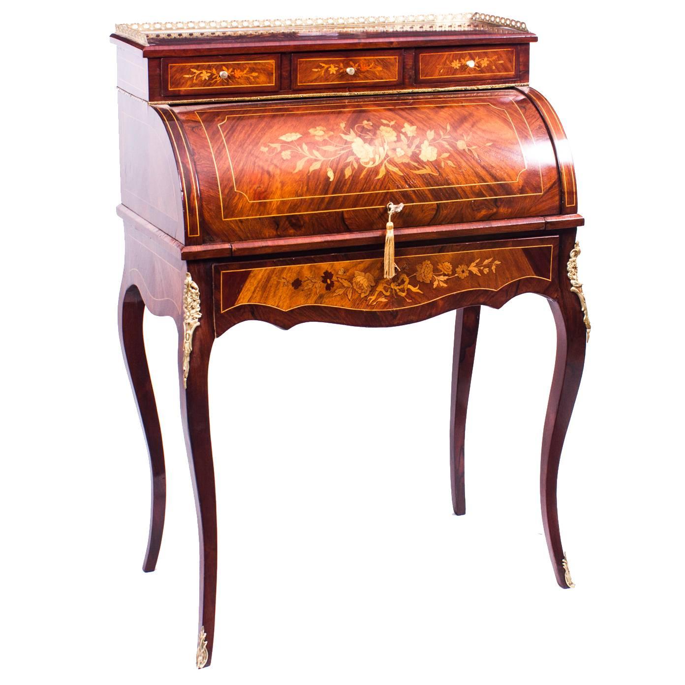 Antique French Louis XV Revival Rosewood Cylinder Bureau, circa 1870