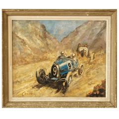 Vintage Racing Cars Bugatti Painting Signed C. Rosby