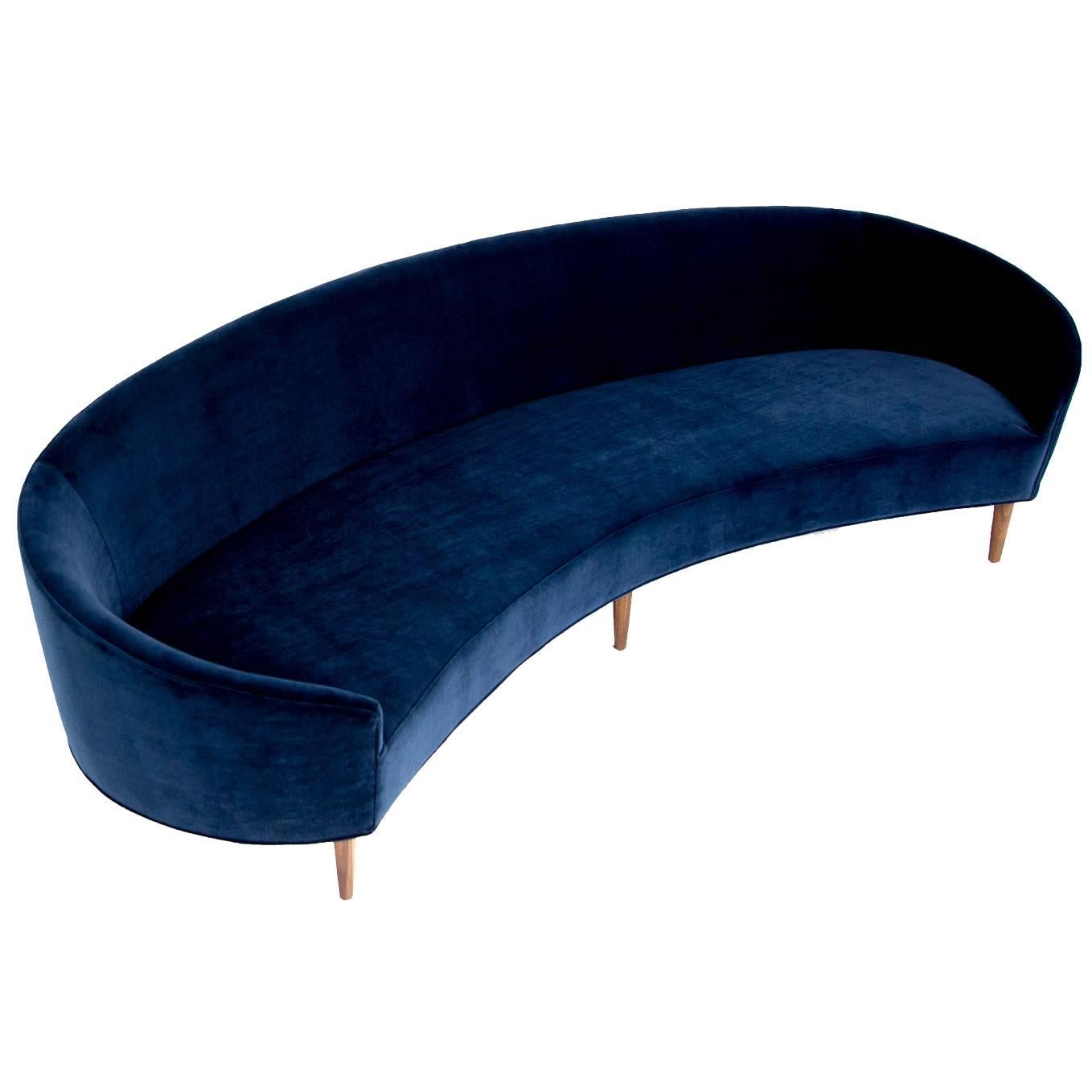 Art Deco Style Crescent Sofa with Walnut Legs in Navy Blue Velvet For Sale