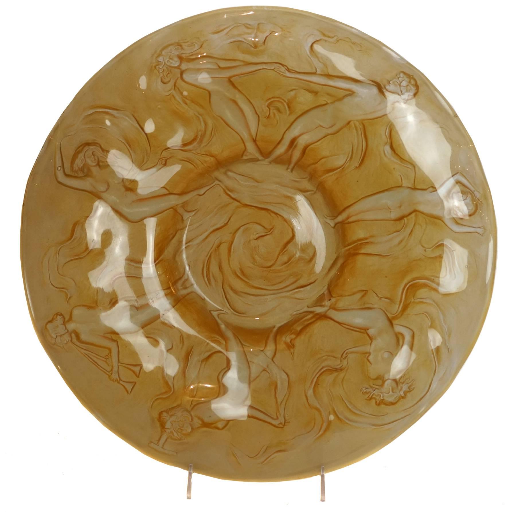 Lalique Style Round Glass Centerpiece Bowl with Raised Nude Figures