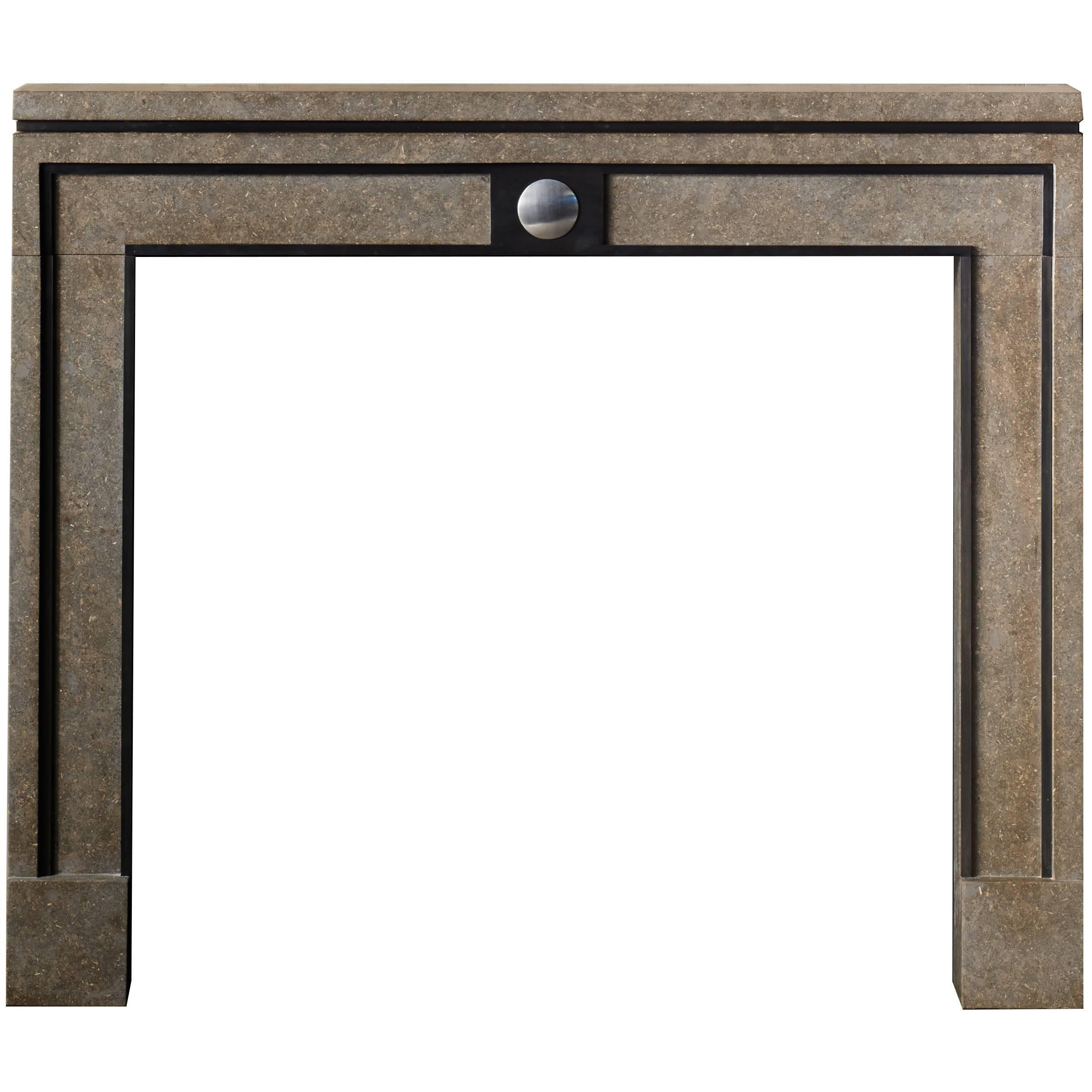 Contemporary Mantel Designed by Eric Cohler in Limestone and Patinated Steel