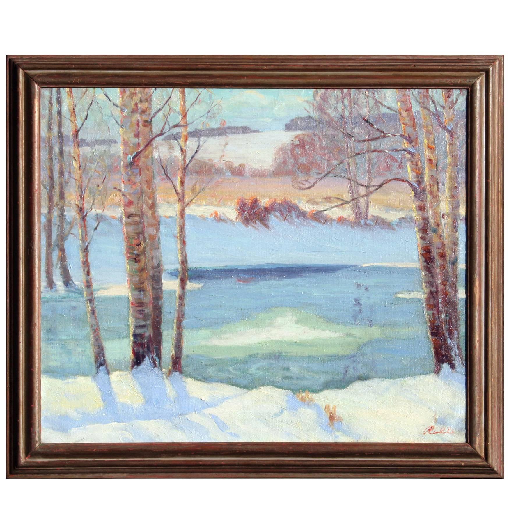 Winter Landscape Painting by August H.O. Rolle For Sale