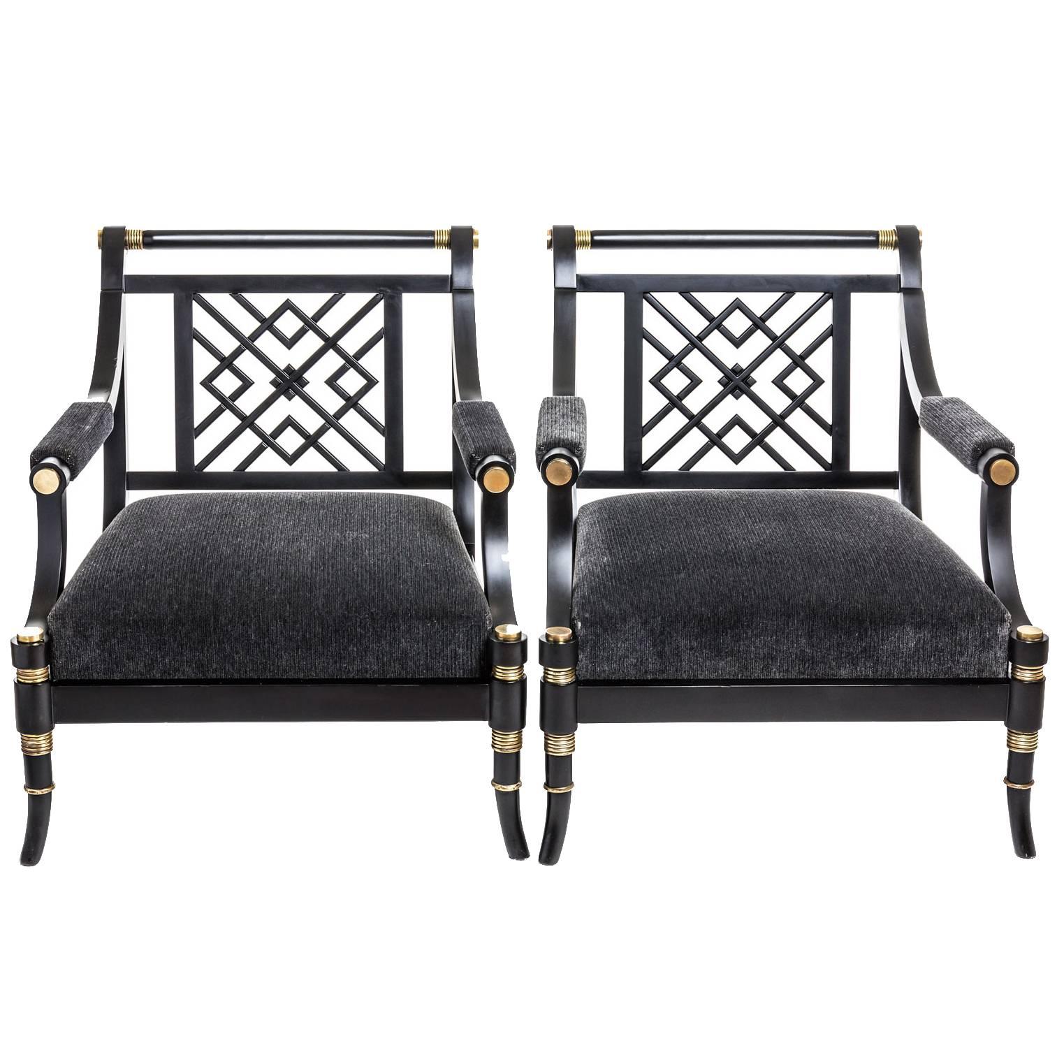 Pair of Black Lacquered Armchairs by Maison Jansen, France, circa 1960 For Sale