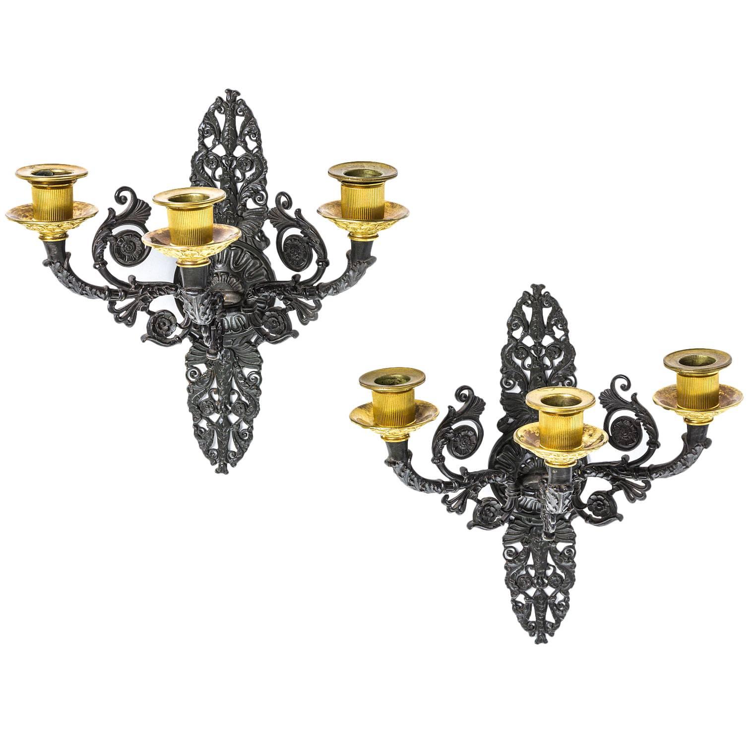 Pair of Sconces, France 1810-1820 with Three Arms to Hold Candles For Sale