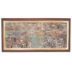 Abstract Modernist Harbor Scene Oil Painting Signed Clark, Dated 1956