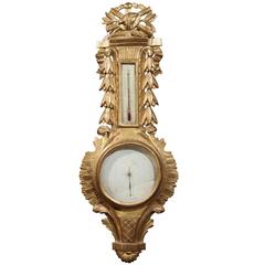 French Mid 19th Century Louis XVI Style Giltwood Barometer with Carved Crest 5