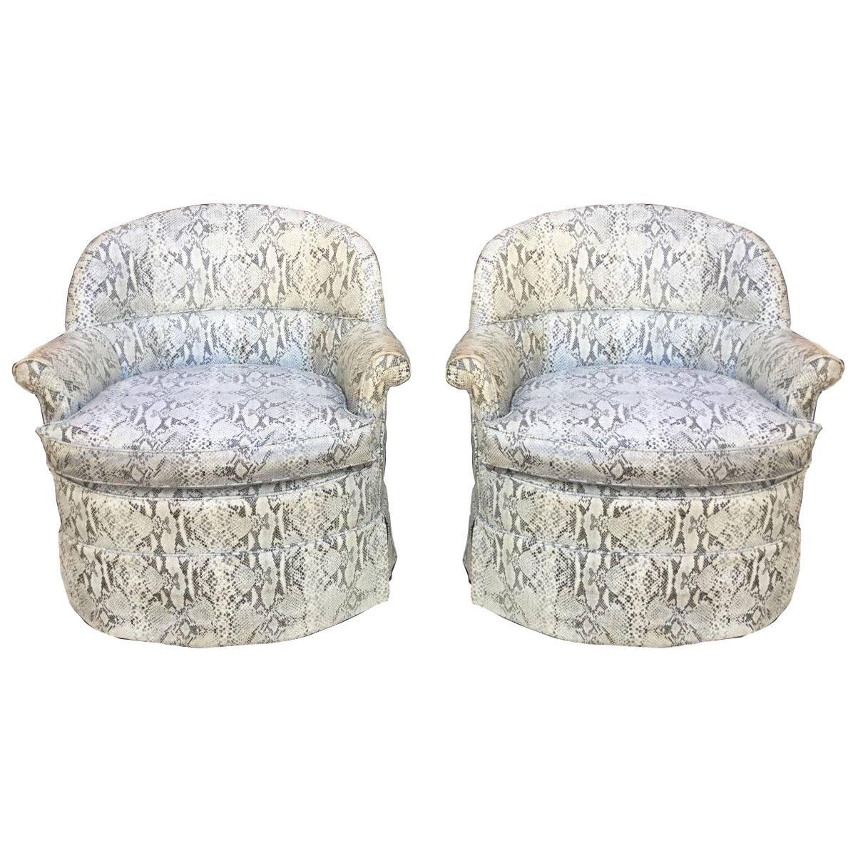 Cool Pair of Faux Snakeskin Swivel French Club Chairs