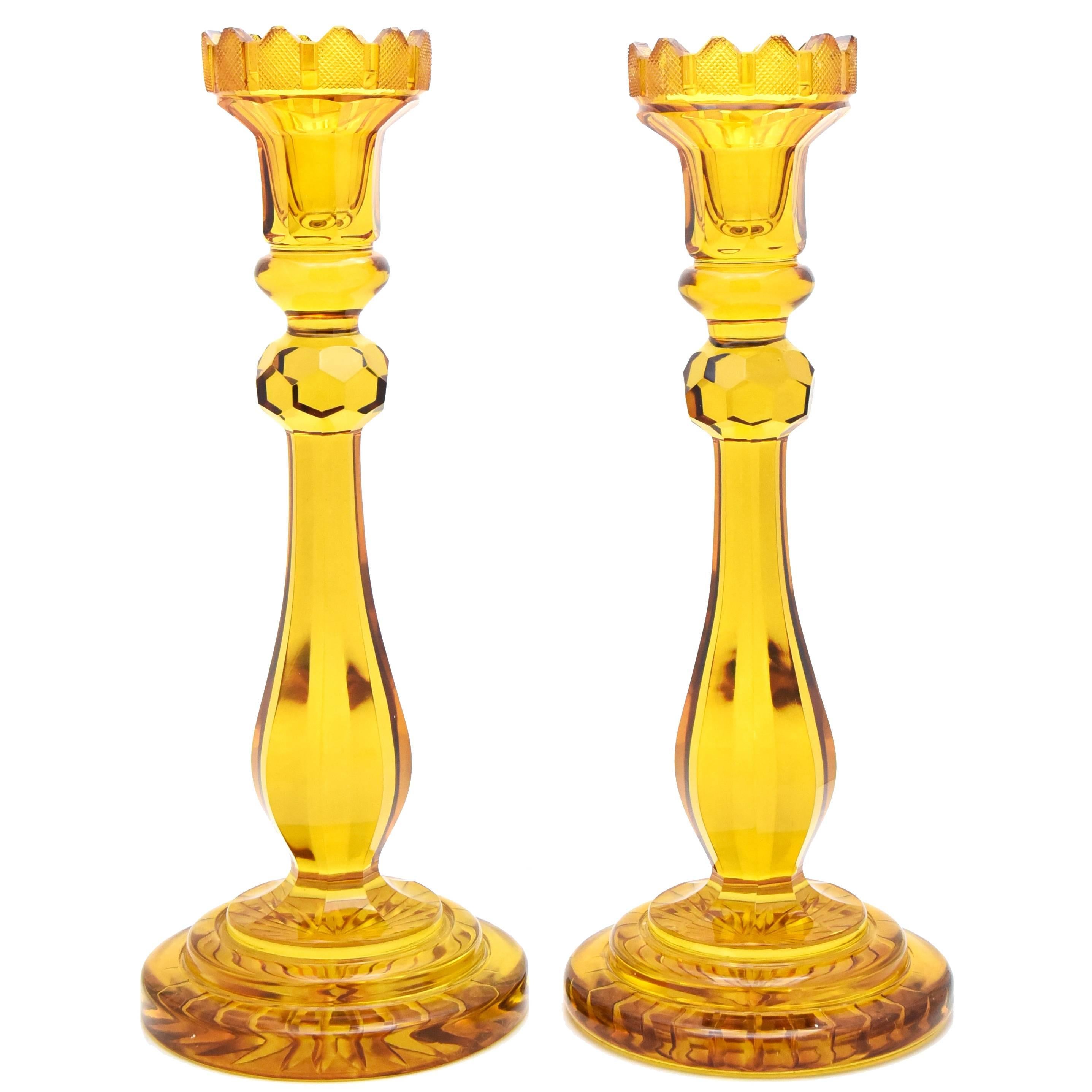 Pair of Monumental Bohemian Amber Cut Crystal Candlesticks