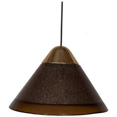 Mid-Century Brown Glass Pendant Lamp with Gold Metal Hood