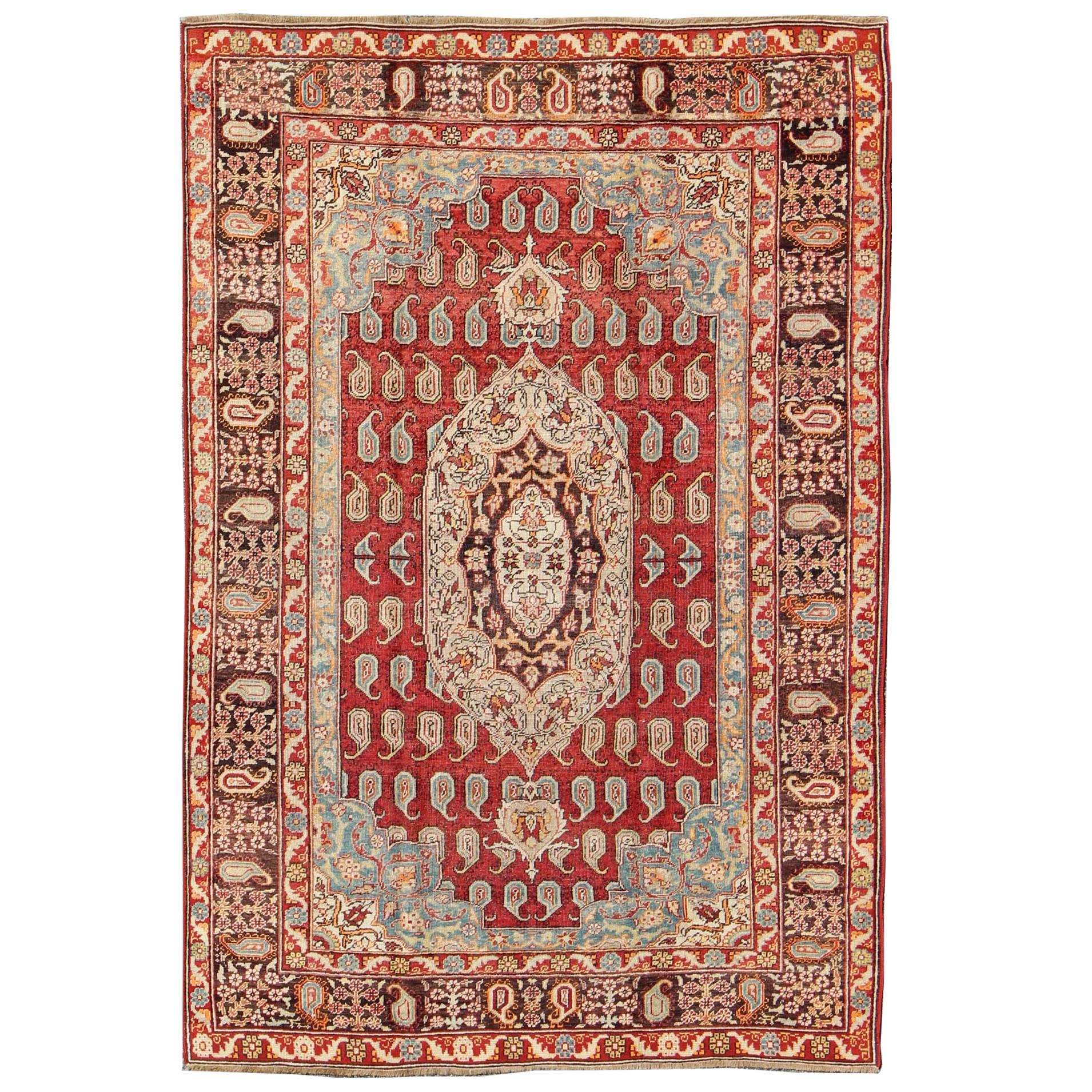 Antique Turkish Oushak Rug with Paisley Design in Red, Brown and Blue