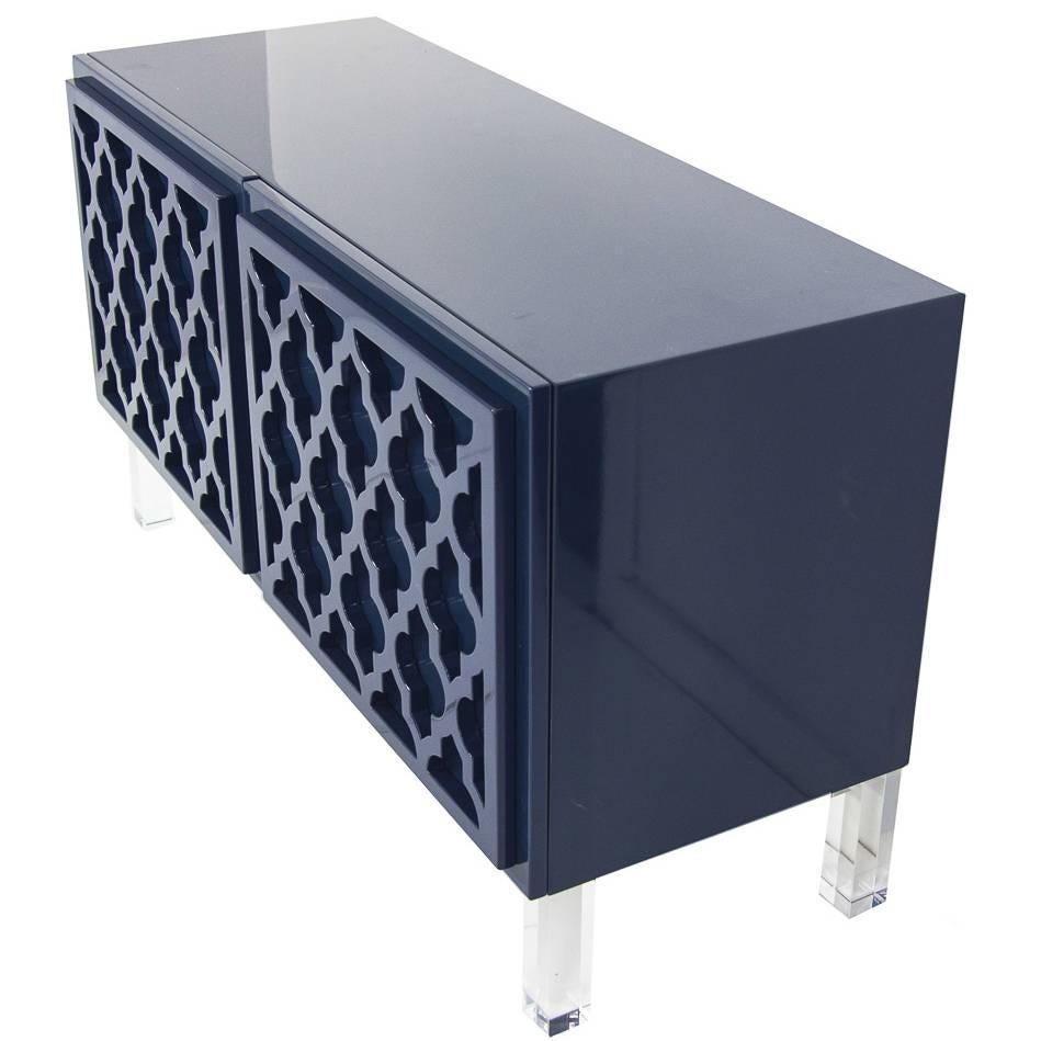 Mid-Century Style 2-Door Tangier Credenza in Glossy Navy Lacquer w/ Lucite Legs For Sale