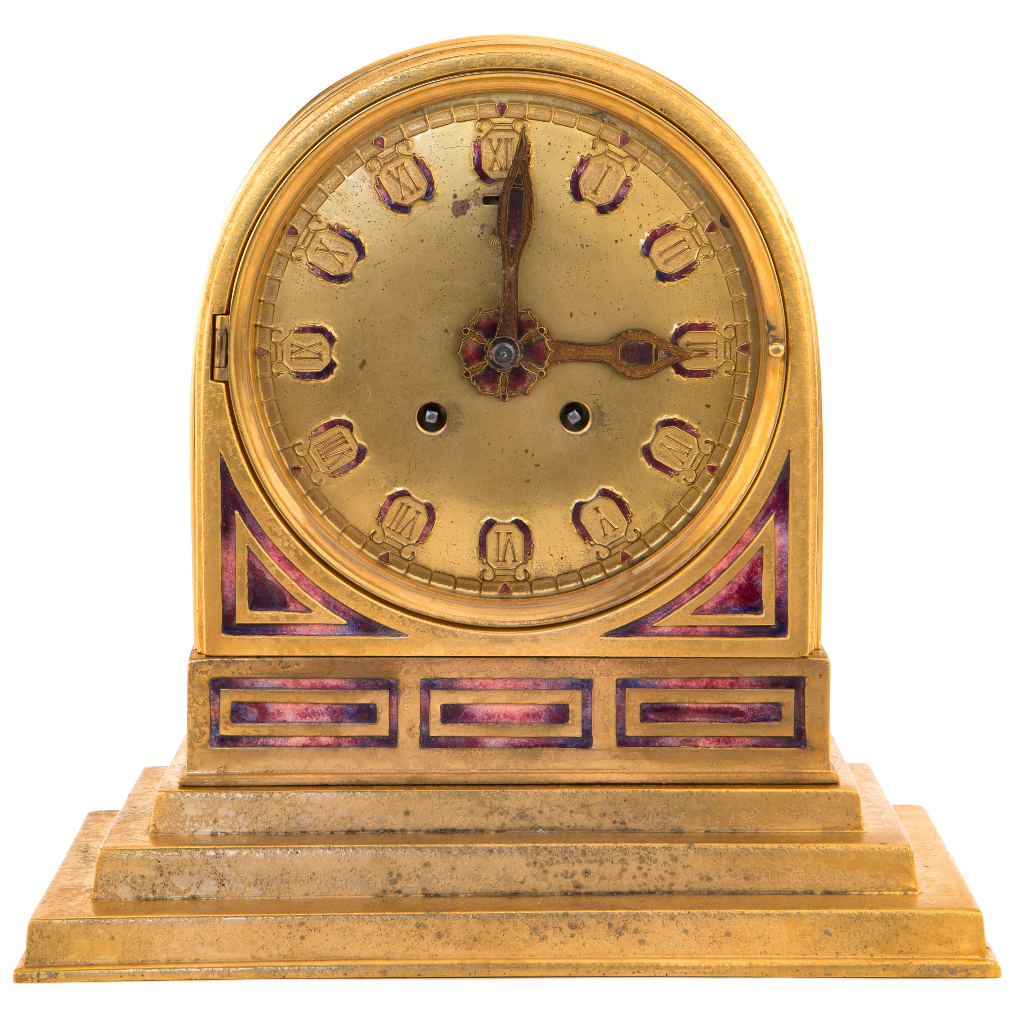 "Art Deco" Pattern Enameled and Bronze Mantle Clock by, Tiffany Studios
