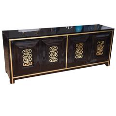Signed Mastercraft Dark Burl and Solid Brass Cabinet / Buffet / Credenza