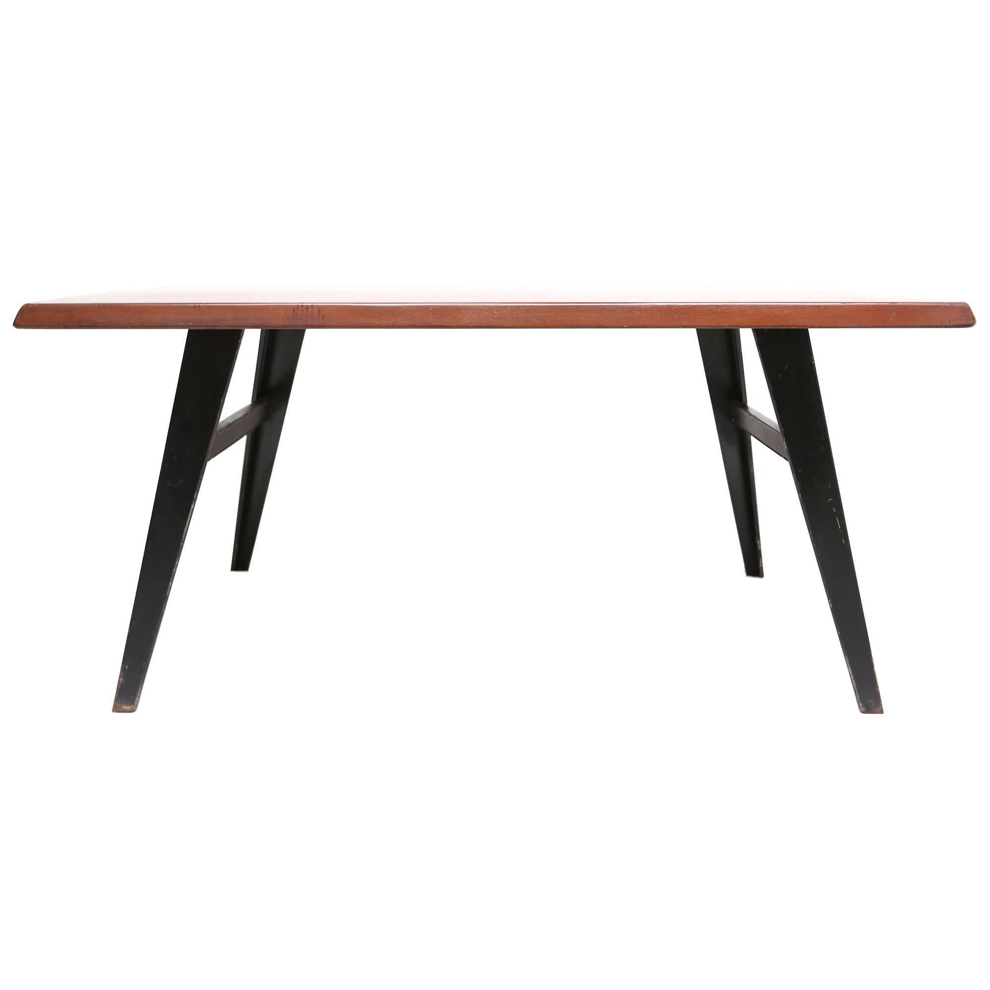 Jean Prouvé style Mid-Century modern French Dining Table in elm