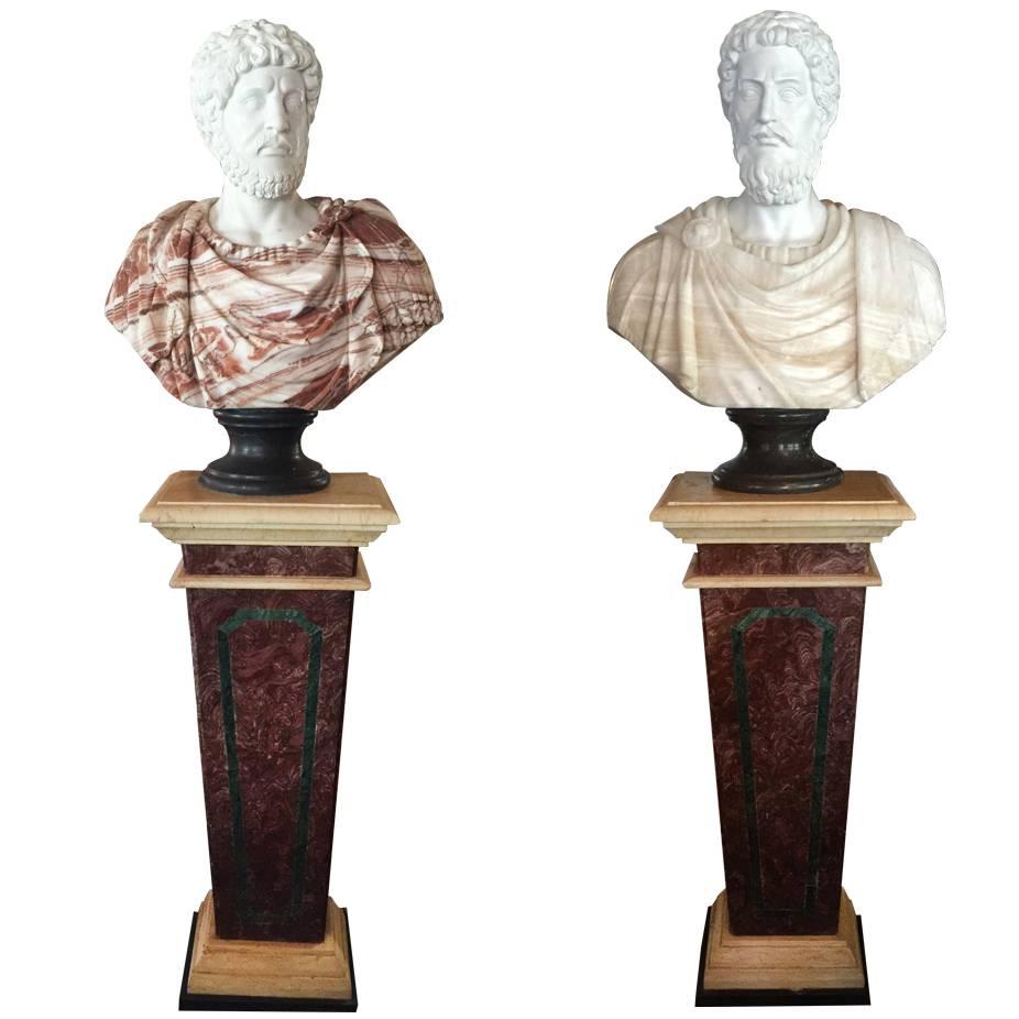 Pair of Large Marble Busts with Complimentary Pedestals