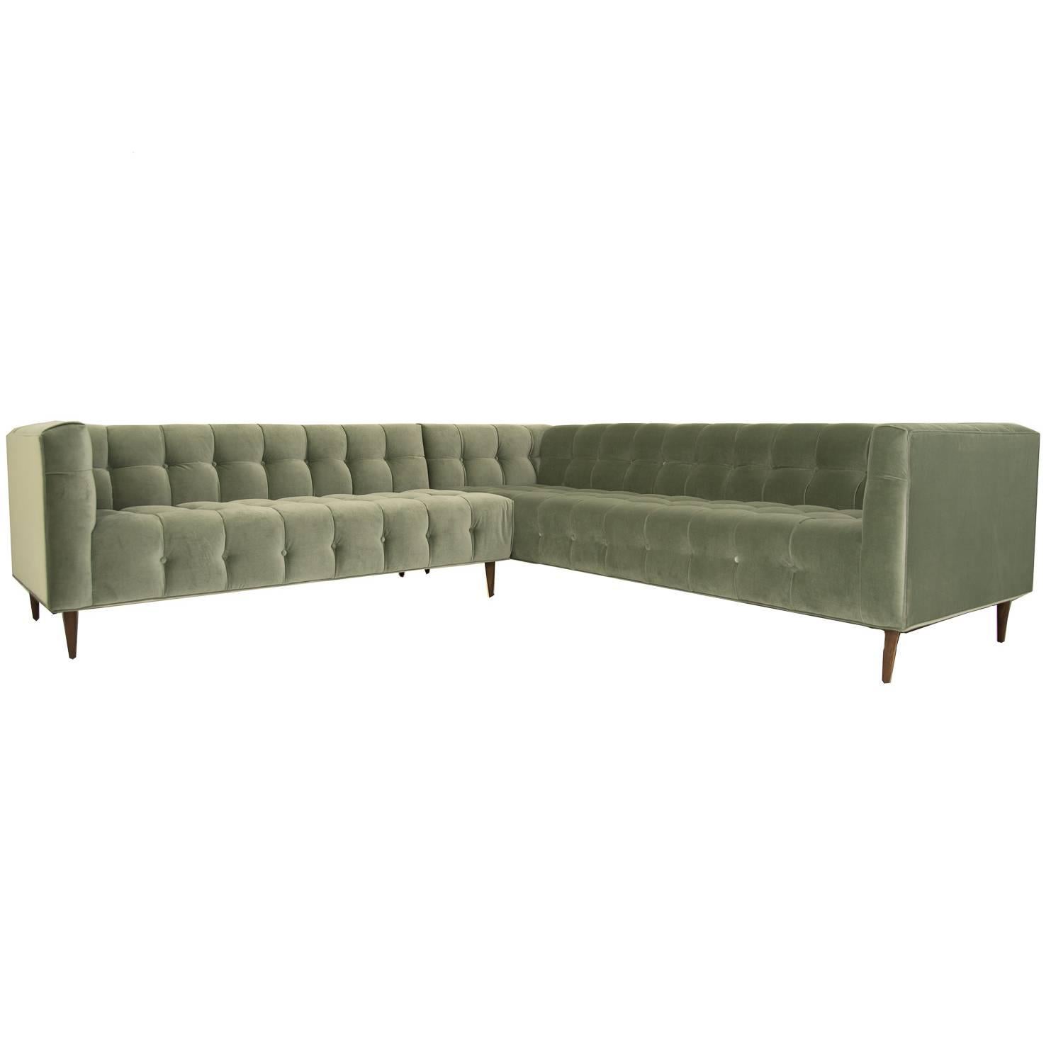 Mid-Century Style Delano Sectional Tufted in Sage Velvet w/ Walnut Cone  Legs For Sale at 1stDibs