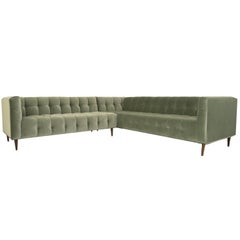 Mid-Century Style Delano Sectional Tufted in Sage Velvet w/ Walnut Cone Legs