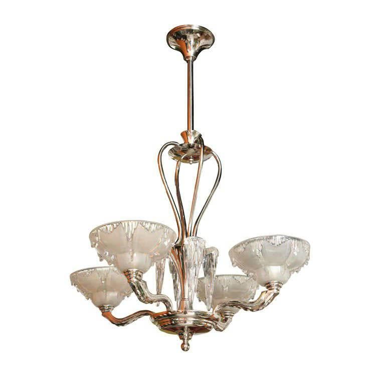 Late Art Deco Nickel and Frosted Glass "Icicle" Chandelier For Sale