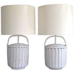 Pair of Midcentury Woven Reed Basket Form Table Lamps