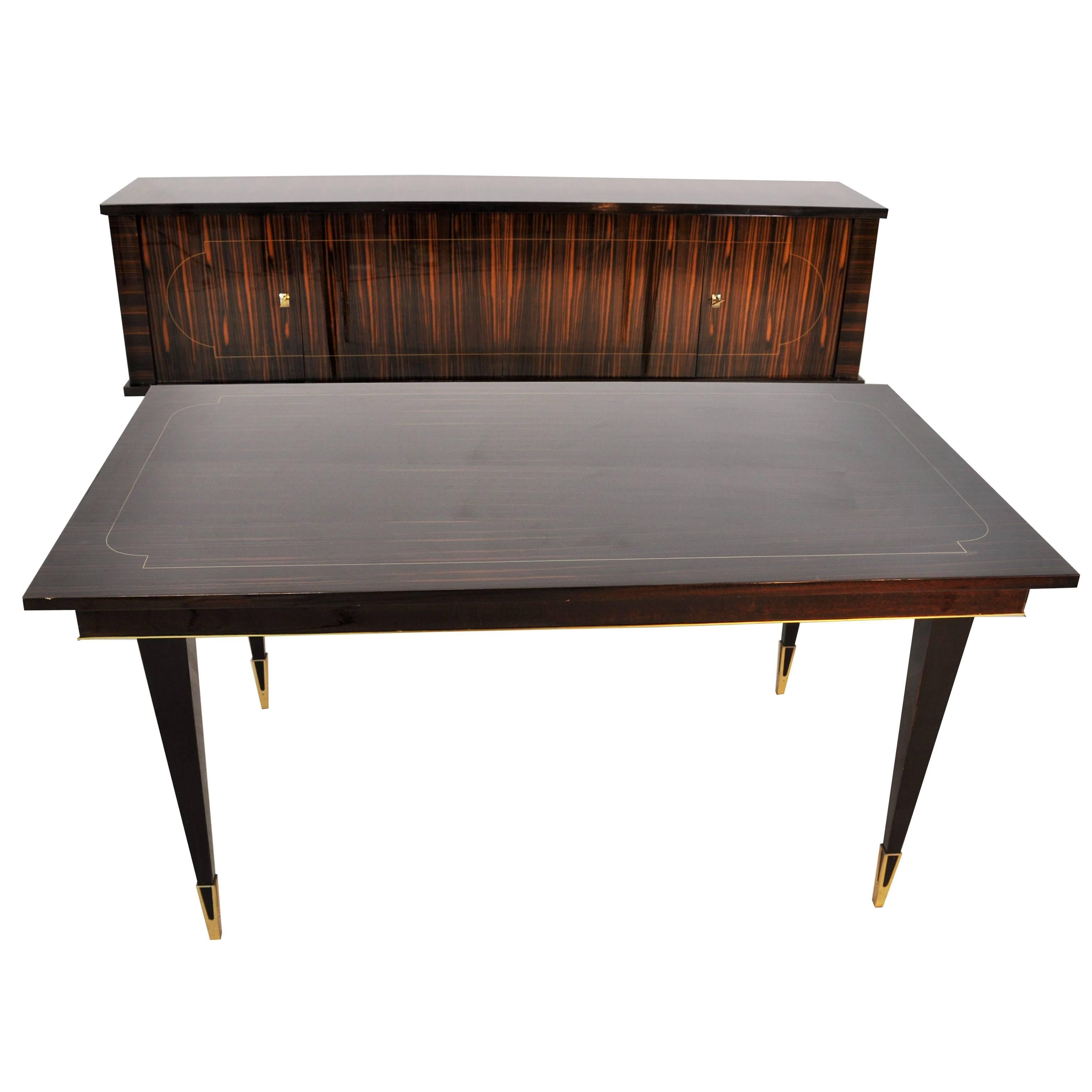French Art Deco Macassar Dining Table with Brass Feets