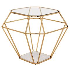 Diamond Side Table in Gold Finish with Tempered Clear Glass Top and Marble Base