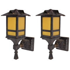 Original Iron Arts & Crafts Exterior Sconce Pair with Hammered Amber Glass
