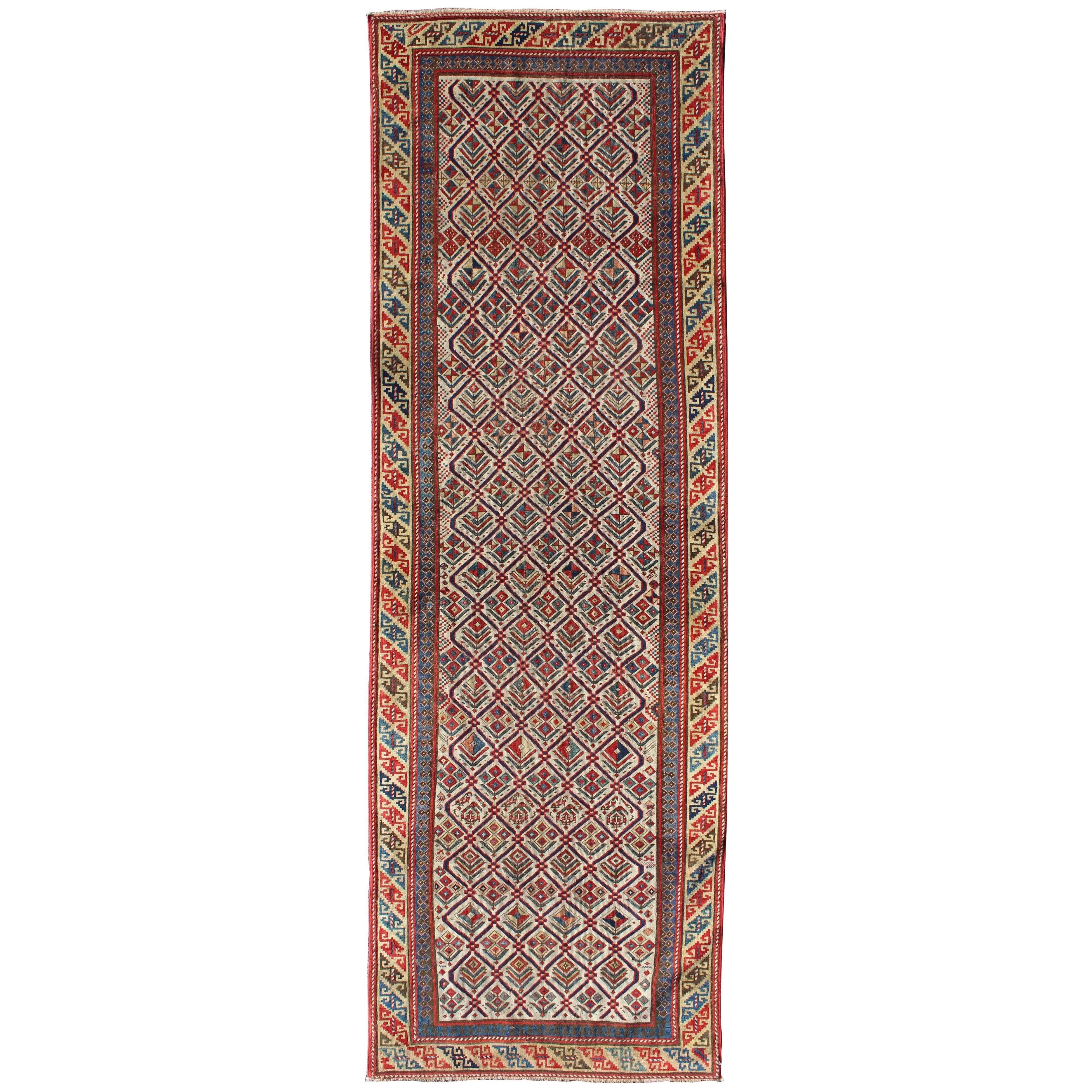 Antique Caucasian Shirvan Runner with Diamond Design in Ivory Background  For Sale
