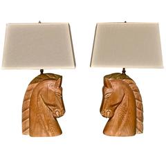 Pair of Billy Haines Carved Wood Horse Head Lamps