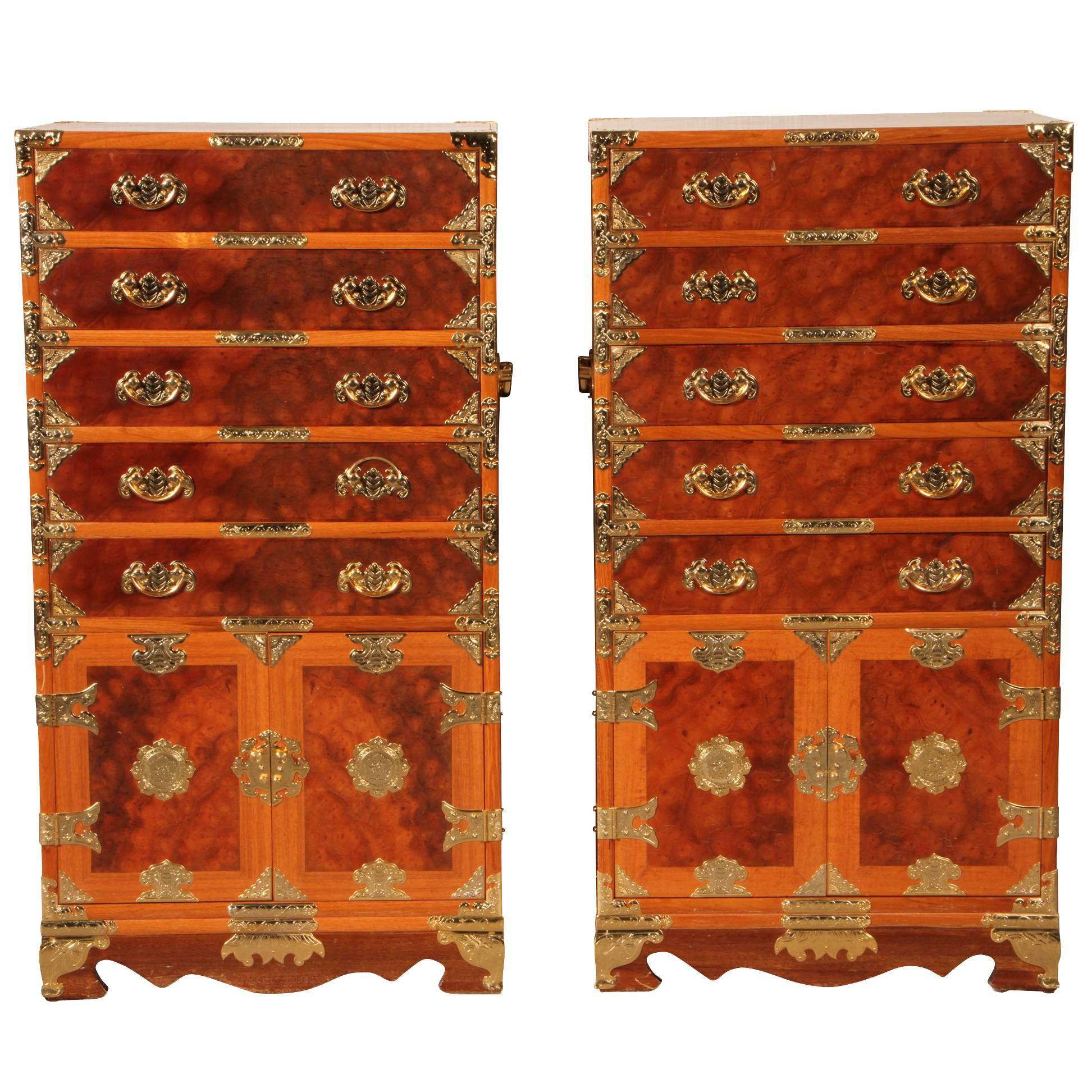 Pair of Korean Matched Silver Chests in Teak and Burl