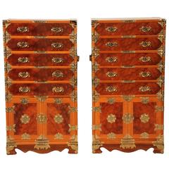 Vintage Pair of Korean Matched Silver Chests in Teak and Burl