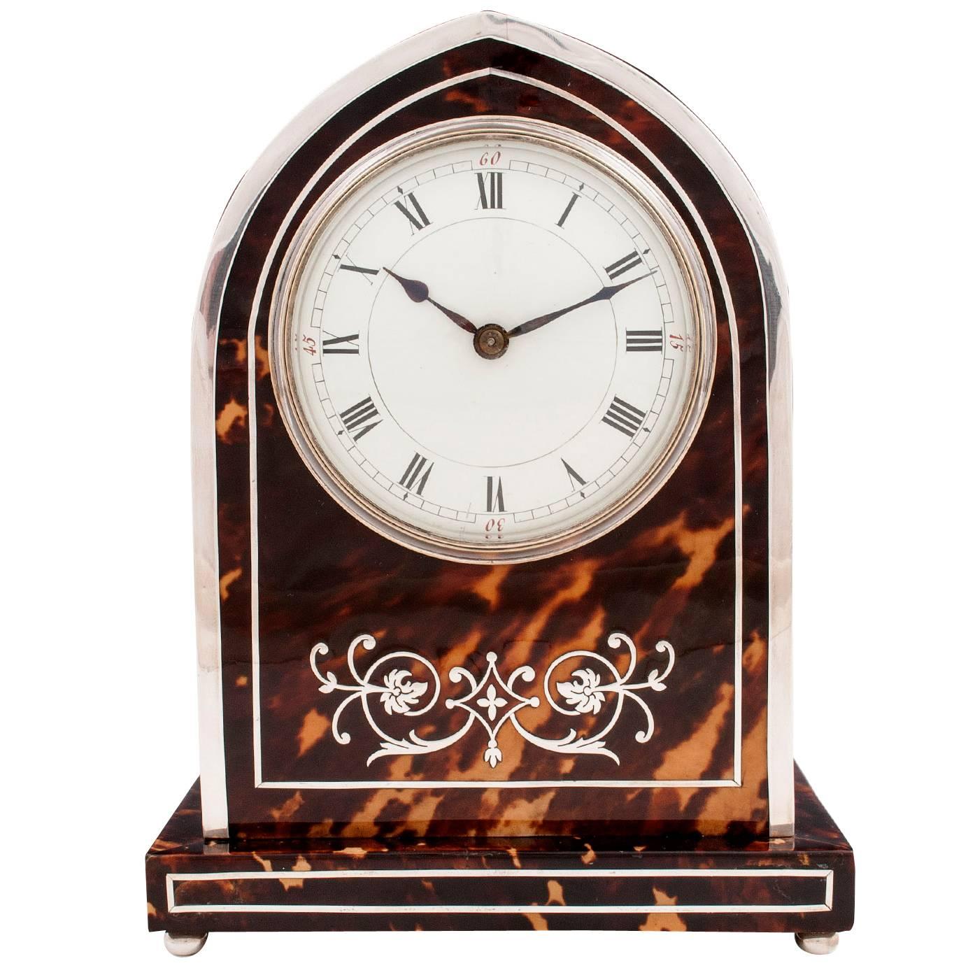 Edwardian Tortoiseshell and Silver Mantle Clock For Sale