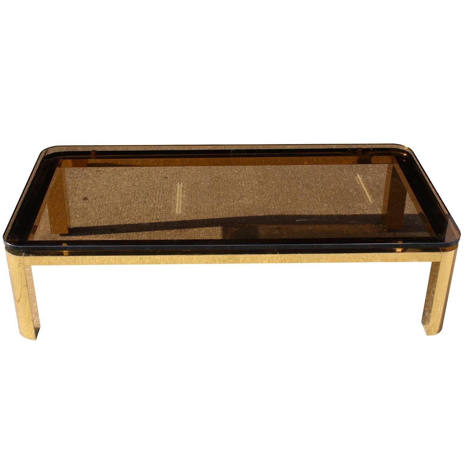 Pace Collection Floating Smoked Glass Top Coffee Table in Brass